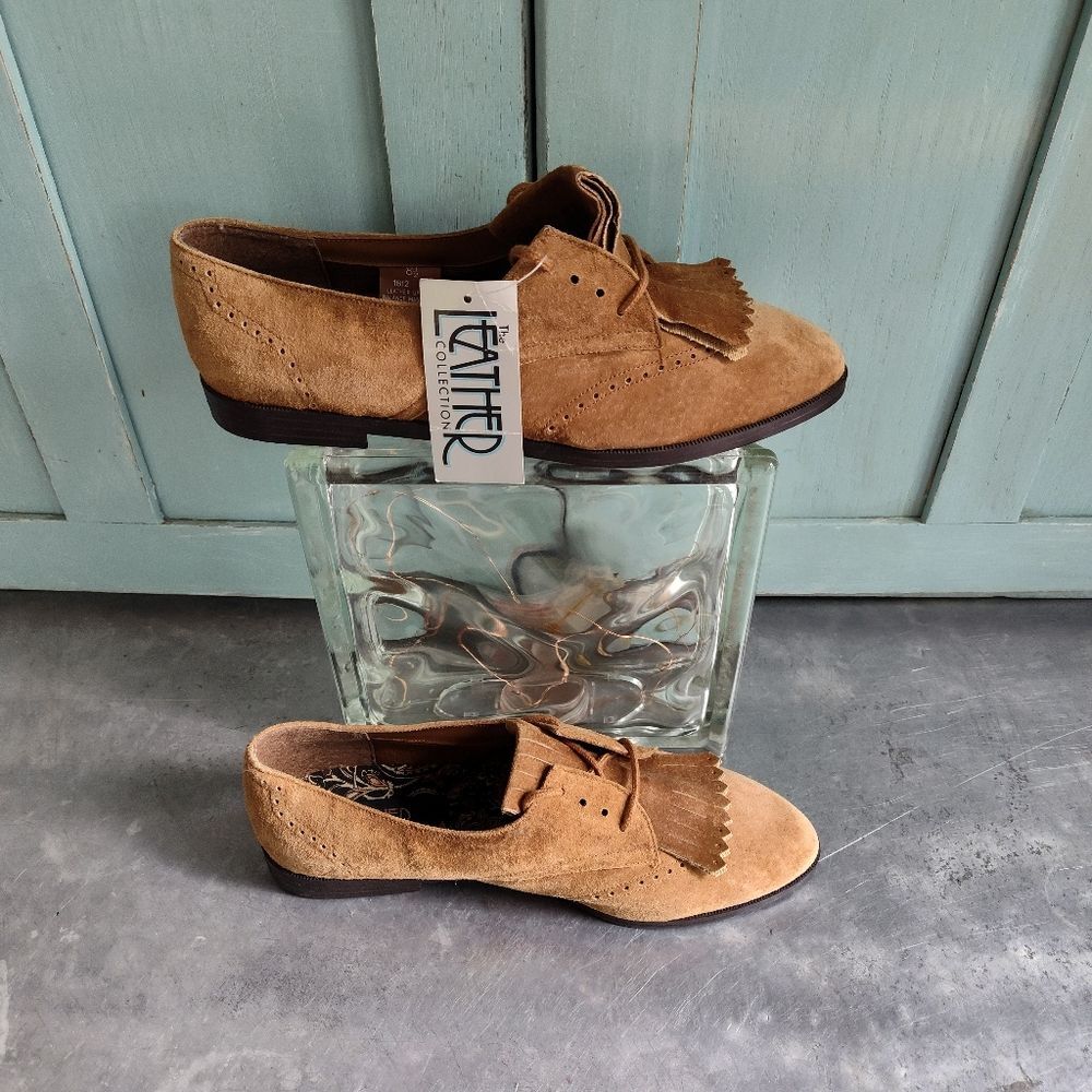 The Leather Collection Shoes Womens 8.5 Suede Lace Up Fringe Tan NEW Old Stock - Picture 3 of 9